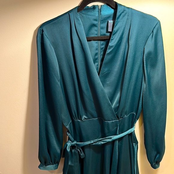 Gabby Skye green satin faux wrap dress with asymmetric hem - Picture 1 of 10